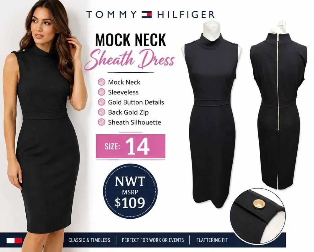 TommyโHilfiger Black Sheath Dress Mock Neck Gold Zip NWT Women's Size 14